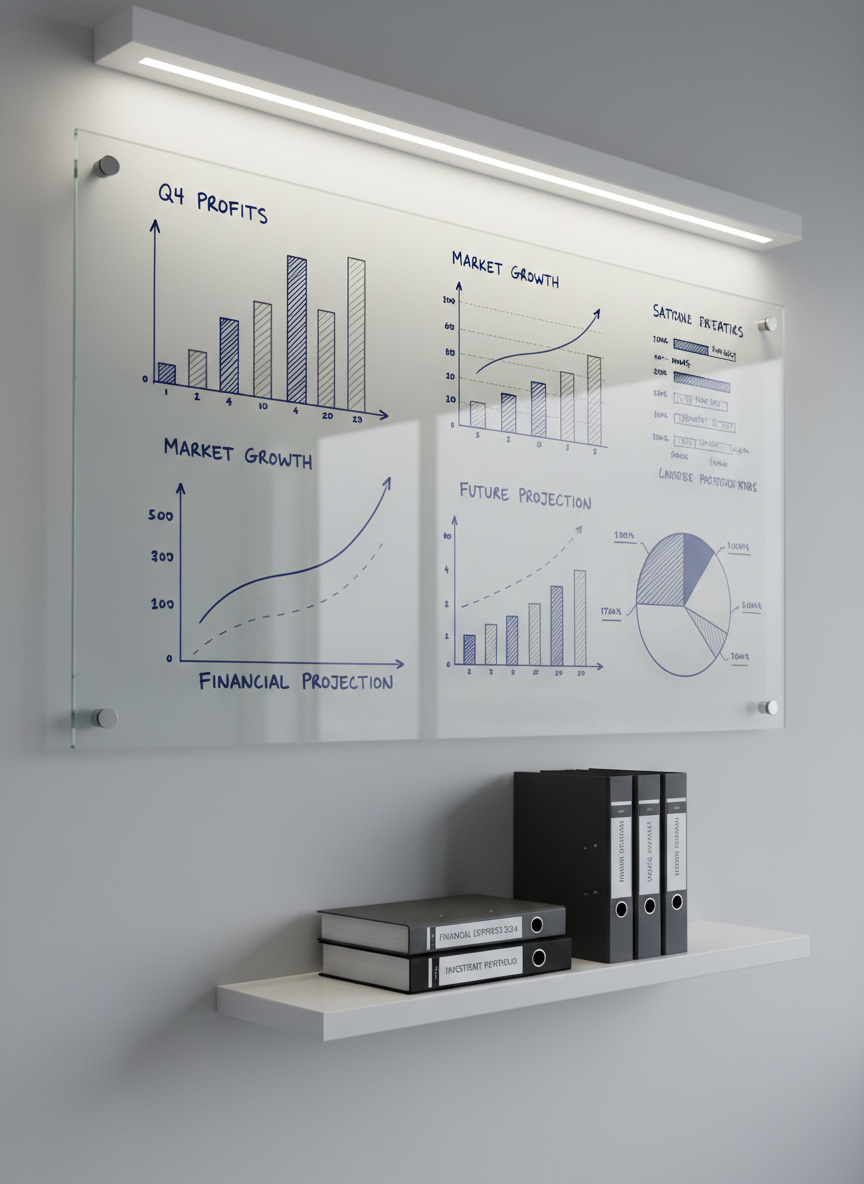 A close-up of a sleek, frameless glass board on a light gray wall, covered with neatly drawn financial charts, bar graphs, and forecasting lines in navy and charcoal marker, all rendered with precise, straight edges and tidy labels. On a minimalist floating shelf beneath, a stack of structured black and white binders is aligned perfectly. Soft overhead LED lighting casts evenly distributed, neutral white light with minimal shadow, emphasizing clarity and order. Captured from a slightly upward angle to make the charts feel prominent and strategic, with a moderately shallow depth of field that keeps the main graphs in sharp focus. The atmosphere is focused and data-driven, with a photographic, clean, and modern corporate style.