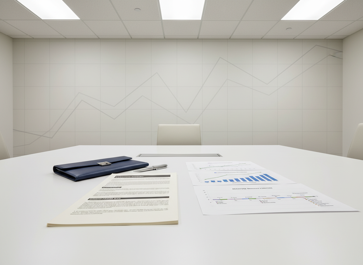A strategic business planning scene centered on a large, matte-white conference table hosting an array of precisely aligned materials: a structured business plan document with clear section headings, a closed navy-blue portfolio, a chrome pen, and three neatly arranged printed charts showing projected growth curves and cash flow timelines. The background features a neutral-toned wall with a subtle, oversized line graph motif in very light gray. Soft overhead panel lighting provides even, shadow-free illumination, highlighting the crisp edges of each document. Captured from a slightly elevated, wide-angle perspective that emphasizes the table’s clean geometry and open negative space, the mood is methodical, forward-looking, and highly professional, with photographic realism and a clean, minimalist corporate aesthetic.