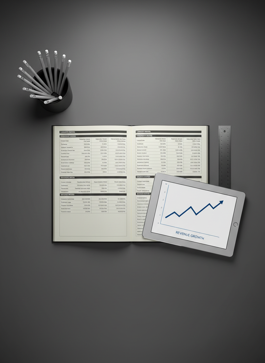 A meticulous financial analysis flat lay on a smooth, charcoal-gray surface, featuring an open report with detailed ratio analysis tables, a tablet displaying a line graph trending upward, and a precise stainless-steel ruler aligned along the page margin. A small, matte-black cup holds a set of sharpened mechanical pencils arranged symmetrically. A cool, diffused spotlight from above creates soft vignetting around the edges, drawing attention to the central data and subtle paper textures. Shot directly from above for a perfectly orthogonal, grid-like composition, the image evokes rigor, accuracy, and structure. The style is crisp photographic realism with a restrained palette of grays, whites, and deep blues, fitting a refined corporate consulting aesthetic.